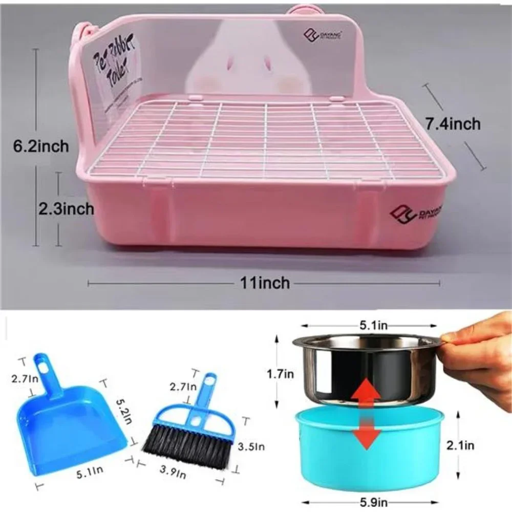 5-in-1 Rabbit Litter Box with Hay Food Feeding Setv((Medium(Pink)))